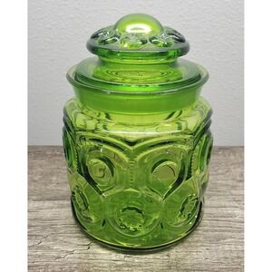 L.E. Smith Moon & Stars Green Glass Apothecary Canister 7" Medium Jar Lidded EUC